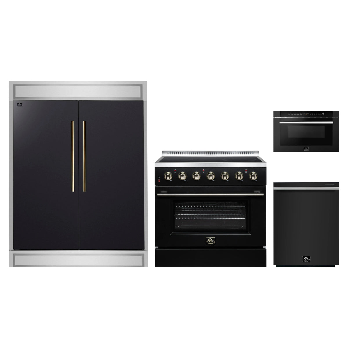Forno 4-Piece Appliance Package - 36-Inch Electric Range, 60-Inch Refrigerator, 24-Inch Microwave Drawer, & Dishwasher in Black with Antique Brass Trim