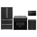 Forno 4-Piece Appliance Package - 36-Inch Electric Range, 36-Inch Refrigerator, 24-Inch Microwave Drawer, & Dishwasher in Black with Antique Brass Trim