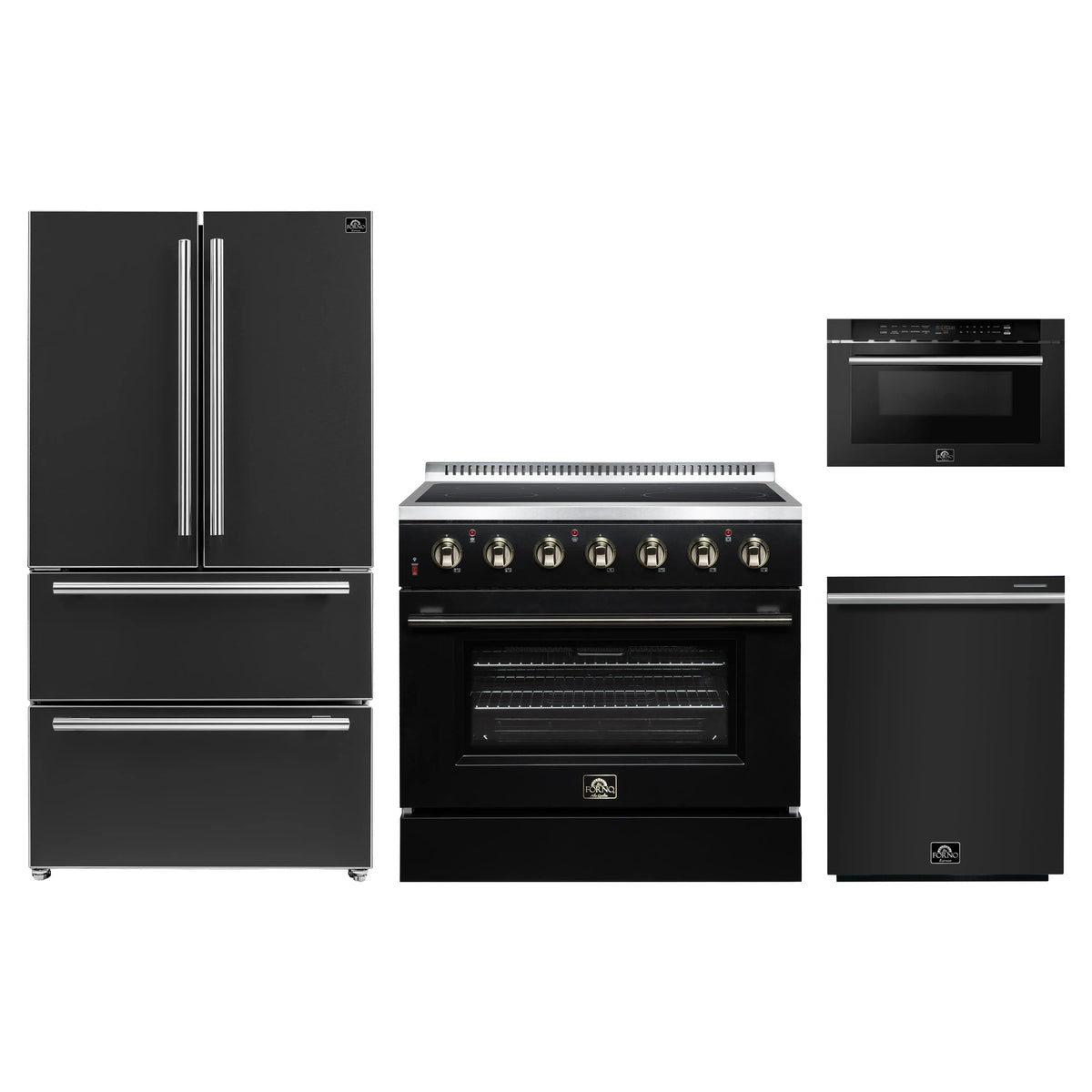 Forno 4-Piece Appliance Package - 36-Inch Electric Range, 36-Inch Refrigerator, 24-Inch Microwave Drawer, & Dishwasher in Black with Antique Brass Trim
