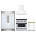 Forno 4-Piece Appliance Package - 36-Inch Electric Range, Wall Mount Range Hood, 60-Inch Refrigerator, and Dishwasher in White with Antique Brass Trim