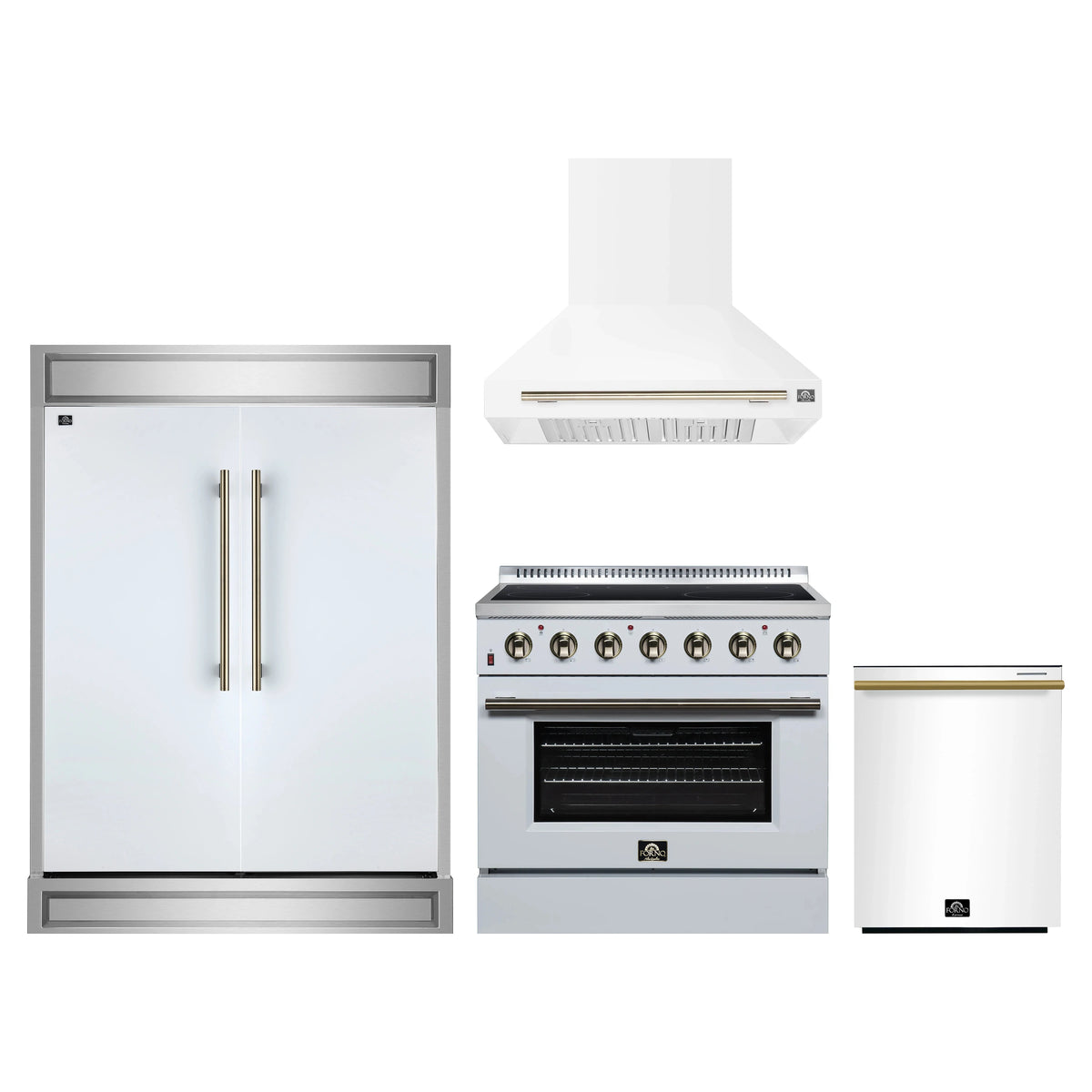 Forno 4-Piece Appliance Package - 36-Inch Electric Range, Wall Mount Range Hood, 60-Inch Refrigerator, and Dishwasher in White with Antique Brass Trim