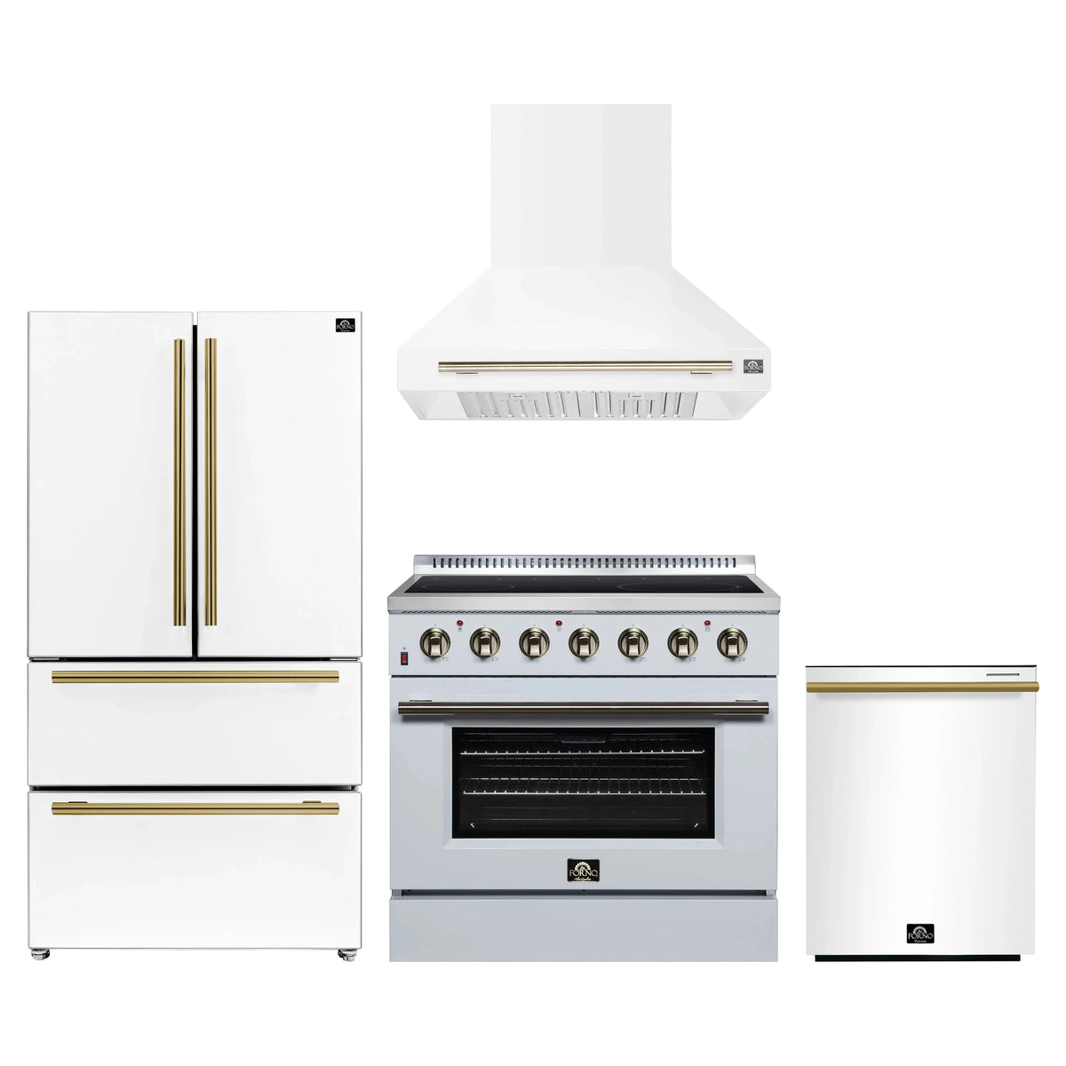 Forno 4-Piece Appliance Package - 36-Inch Electric Range, Wall Mount Range Hood, 36-Inch Refrigerator, and Dishwasher in White with Antique Brass Trim