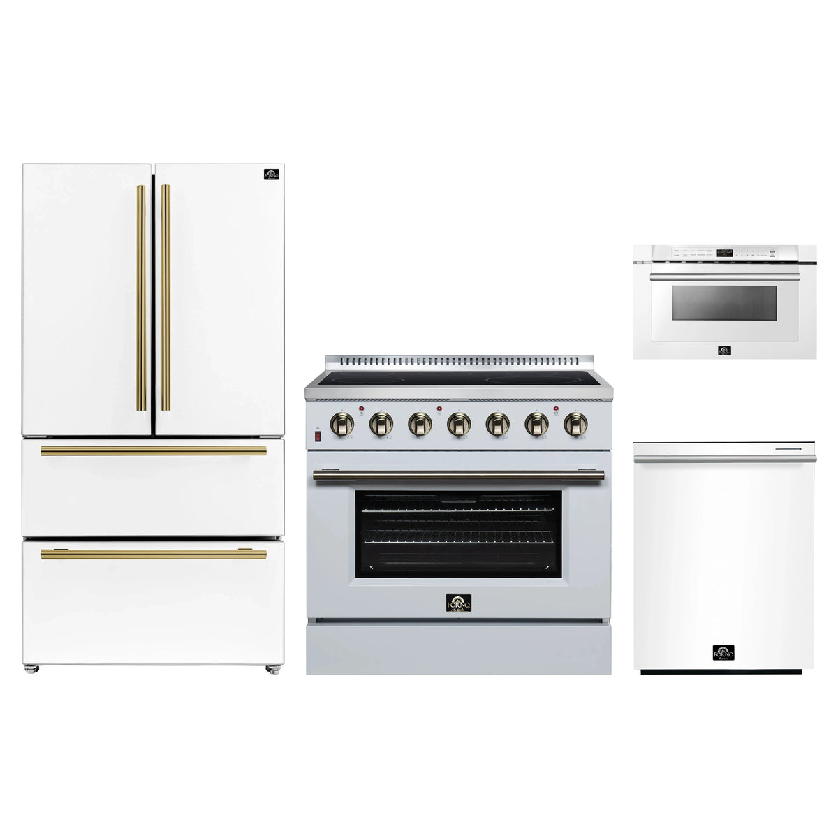 Forno 4-Piece Appliance Package - 36-Inch Electric Range, 36-Inch Refrigerator, 24-Inch Microwave Drawer, & Dishwasher in White with Antique Brass Trim