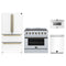 Forno 4-Piece Appliance Package - 36-Inch Electric Range, 36-Inch Refrigerator, 24-Inch Microwave Drawer, & Dishwasher in White with Antique Brass Trim