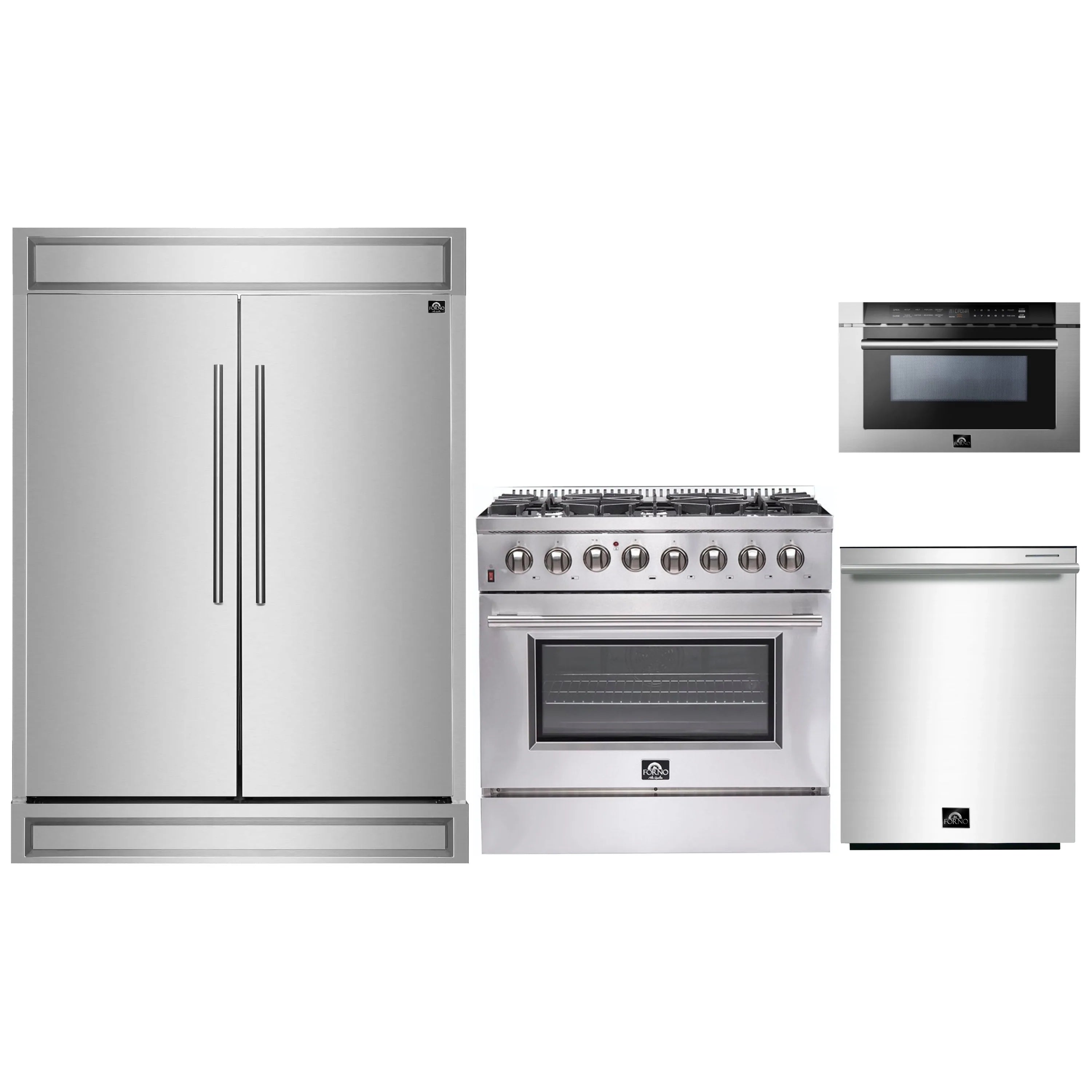 Stainless appliance package: refrigerator, dual-fuel range, microwave drawer, and dishwasher