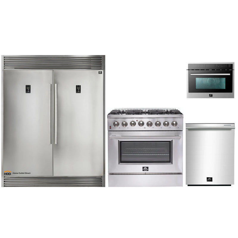 Forno 4-Piece Appliance Package - 36-Inch Dual Fuel Range, 60-Inch Pro-Style Refrigerator, Microwave Oven, & 3-Rack Dishwasher in Stainless Steel