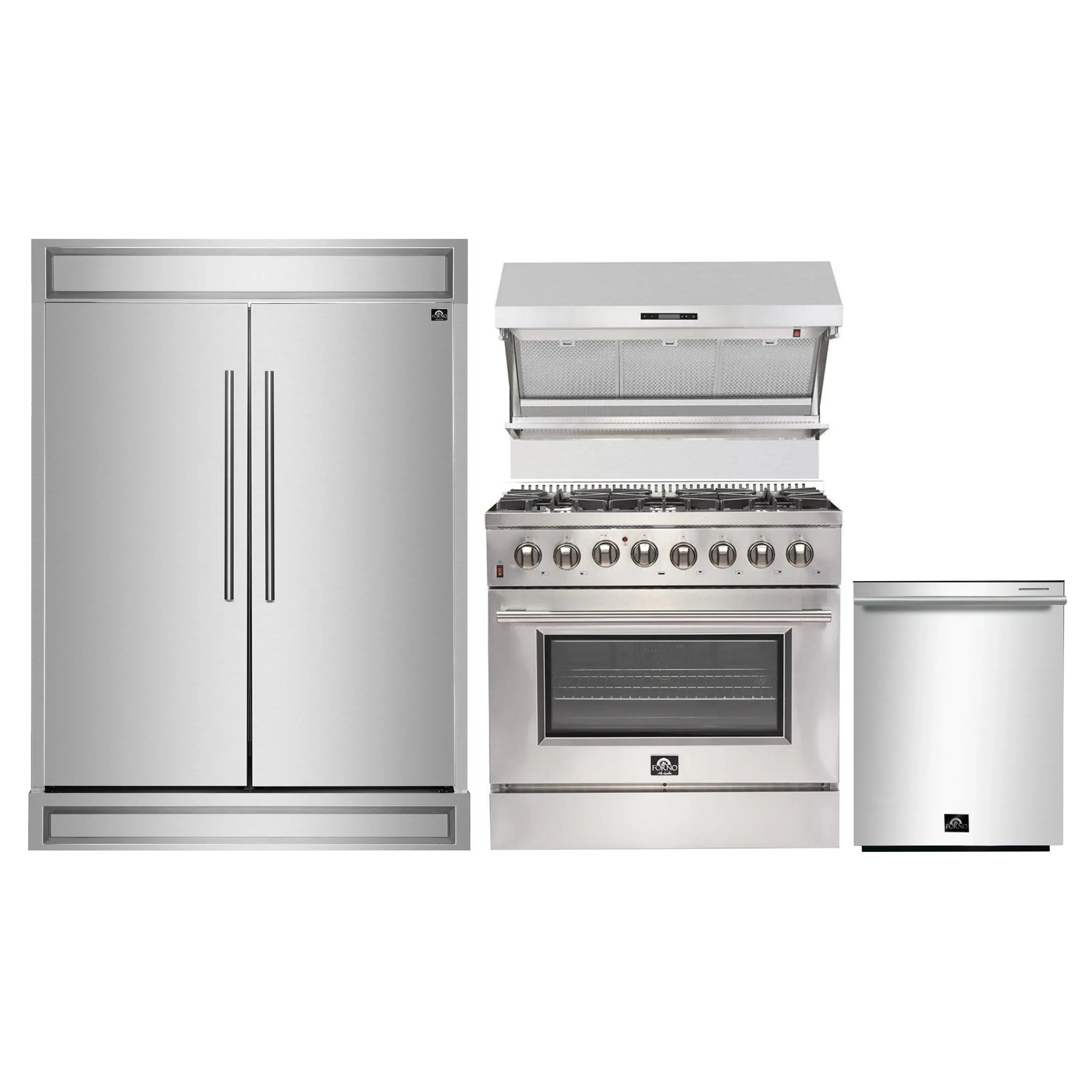 Stainless kitchen appliance set: refrigerator, range, wall hood, dishwasher