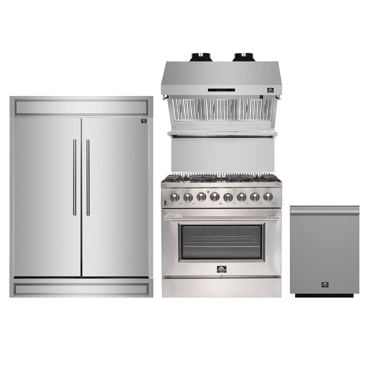 Forno 4-Piece Appliance Package - 36-Inch Dual Fuel Range, 60-Inch Pro-Style Refrigerator, Wall Mount Hood with Backsplash, & 3-Rack Dishwasher in Stainless Steel