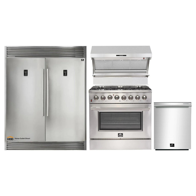 Forno 4-Piece Appliance Package - 36-Inch Dual Fuel Range, 56-Inch Pro-Style Refrigerator, Wall Mount Hood with Backsplash, & 3-Rack Dishwasher in Stainless Steel