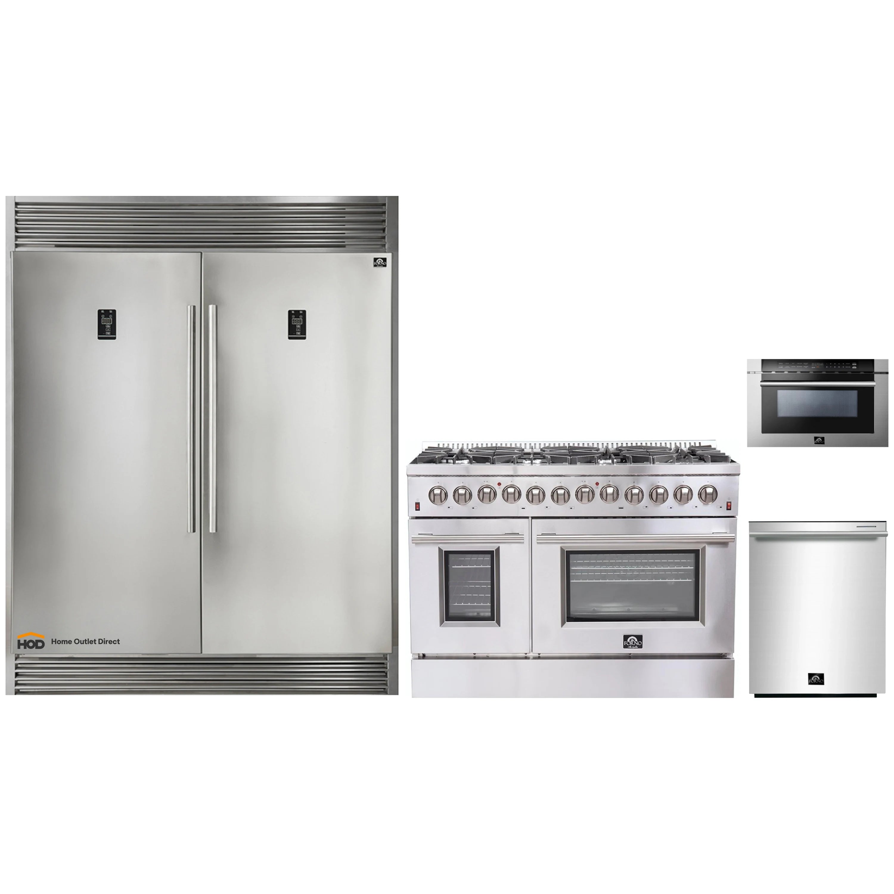 Forno 4-Piece Appliance Package - 48-Inch Dual Fuel Range, 56-Inch Pro-Style Refrigerator, Microwave Drawer, & 3-Rack Dishwasher in Stainless Steel