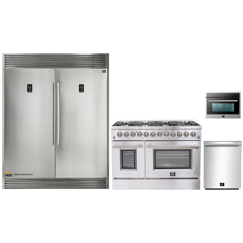 Forno 4-Piece Appliance Package - 48-Inch Dual Fuel Range, 56-Inch Pro-Style Refrigerator, Microwave Oven, & 3-Rack Dishwasher in Stainless Steel