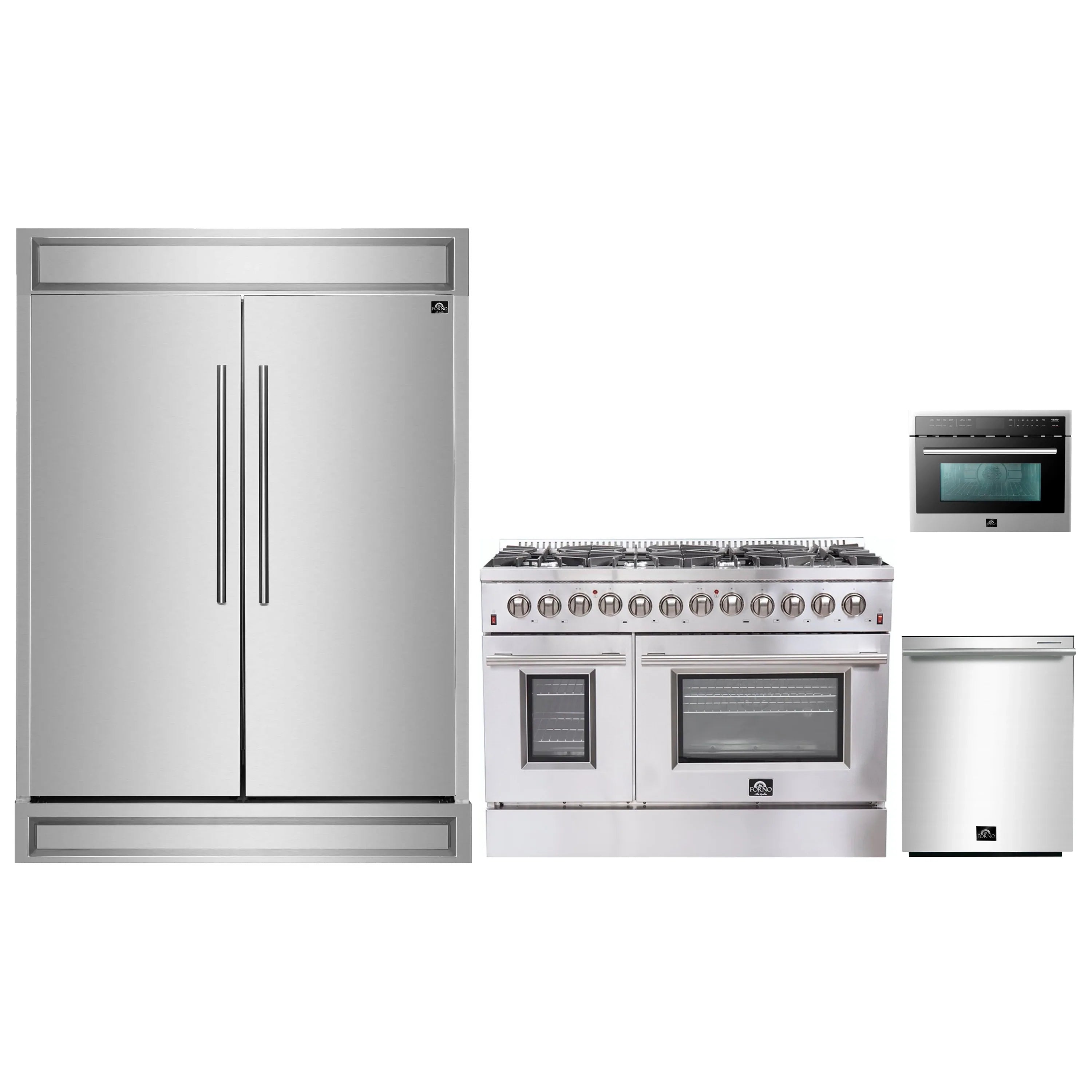 Stainless steel kitchen appliance set: refrigerator, range, microwave, and dishwasher