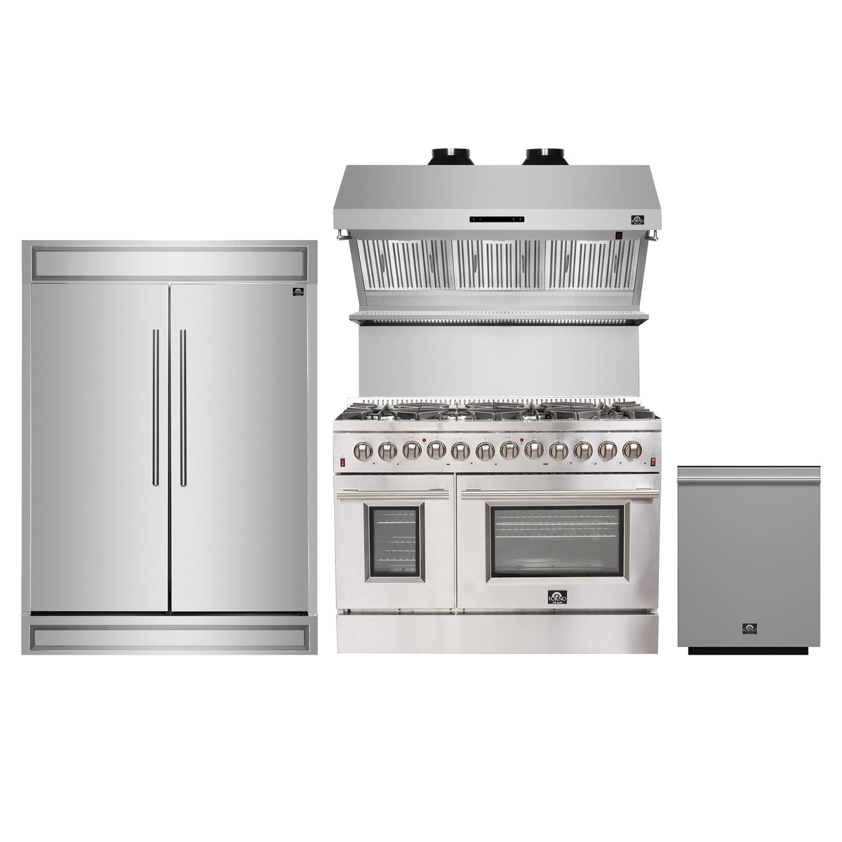 Forno 4-Piece Appliance Package - 48-Inch Dual Fuel Range, 60-Inch Pro-Style Refrigerator, Wall Mount Hood with Backsplash, & 3-Rack Dishwasher in Stainless Steel