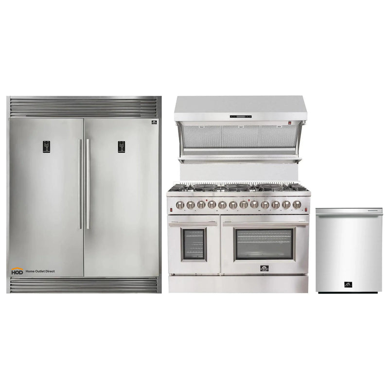 Forno 4-Piece Appliance Package - 48-Inch Dual Fuel Range, 56-Inch Pro-Style Refrigerator, Wall Mount Hood with Backsplash, & 3-Rack Dishwasher in Stainless Steel