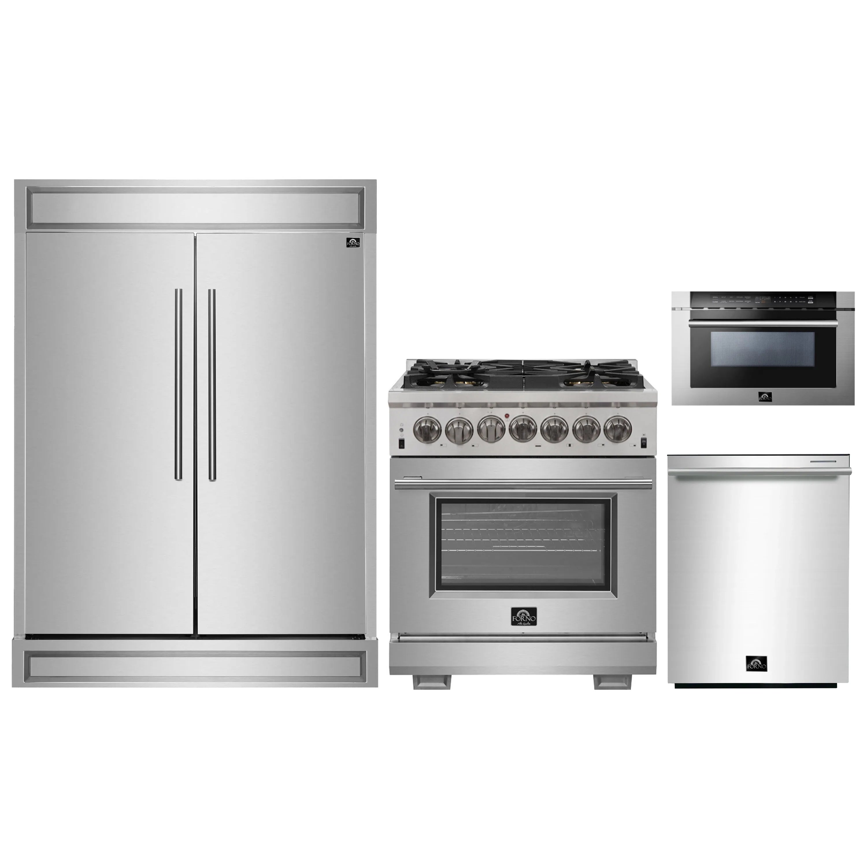 Stainless steel kitchen appliance set with refrigerator, range, and microwave drawer