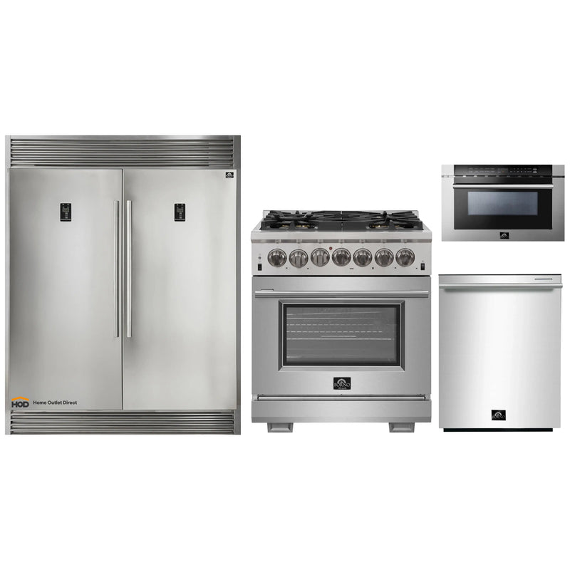 Forno 4-Piece Pro Appliance Package - 30-Inch Dual Fuel Range, 60-Inch Pro-Style Refrigerator, Microwave Drawer, & 3-Rack Dishwasher in Stainless Steel