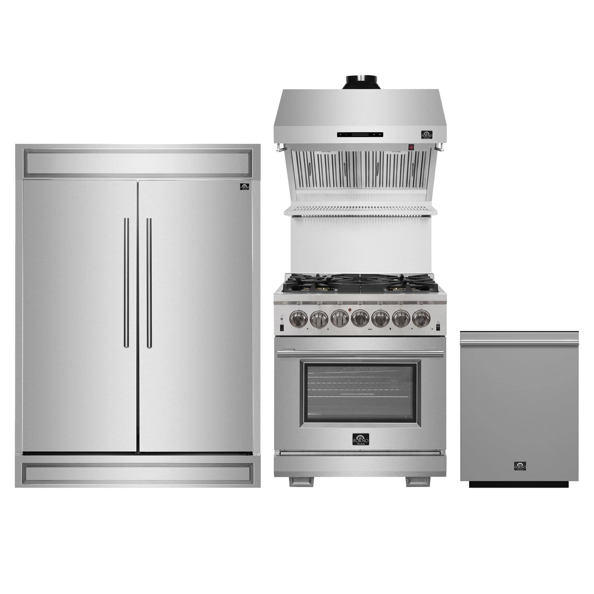 Forno 4-Piece Pro Appliance Package - 30-Inch Dual Fuel Range, Premium Hood, Pro-Style Refrigerator, and Dishwasher in Stainless Steel