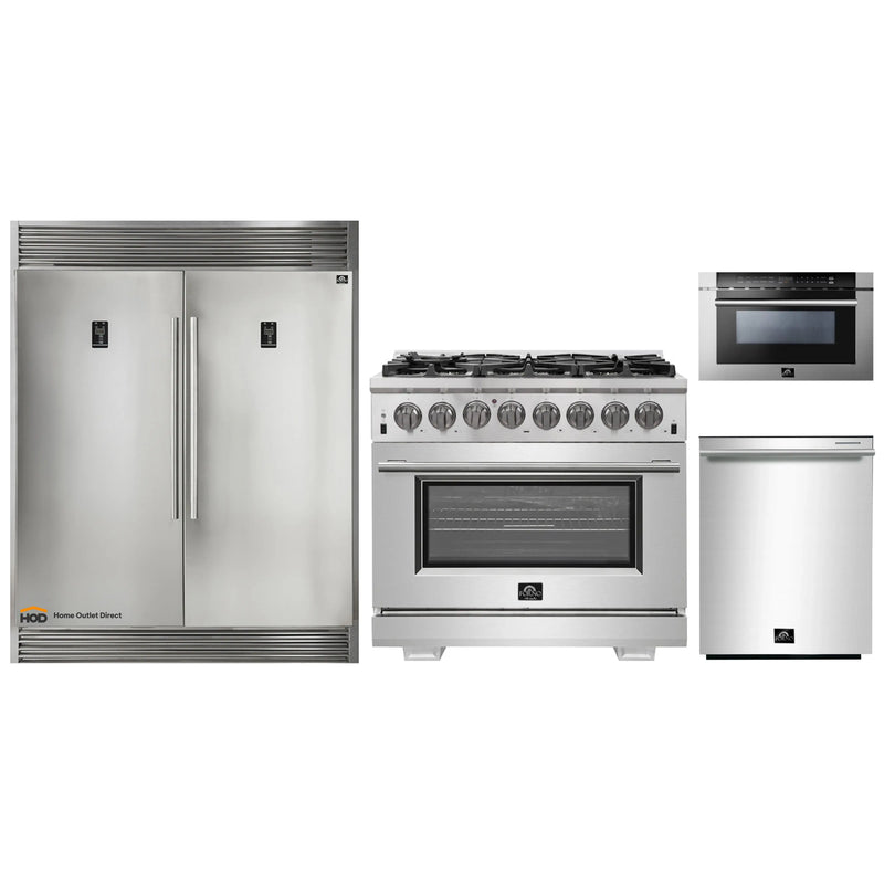 Forno 4-Piece Pro Appliance Package - 36-Inch Dual Fuel Range, 60-Inch Pro-Style Refrigerator, Microwave Drawer, & 3-Rack Dishwasher in Stainless Steel