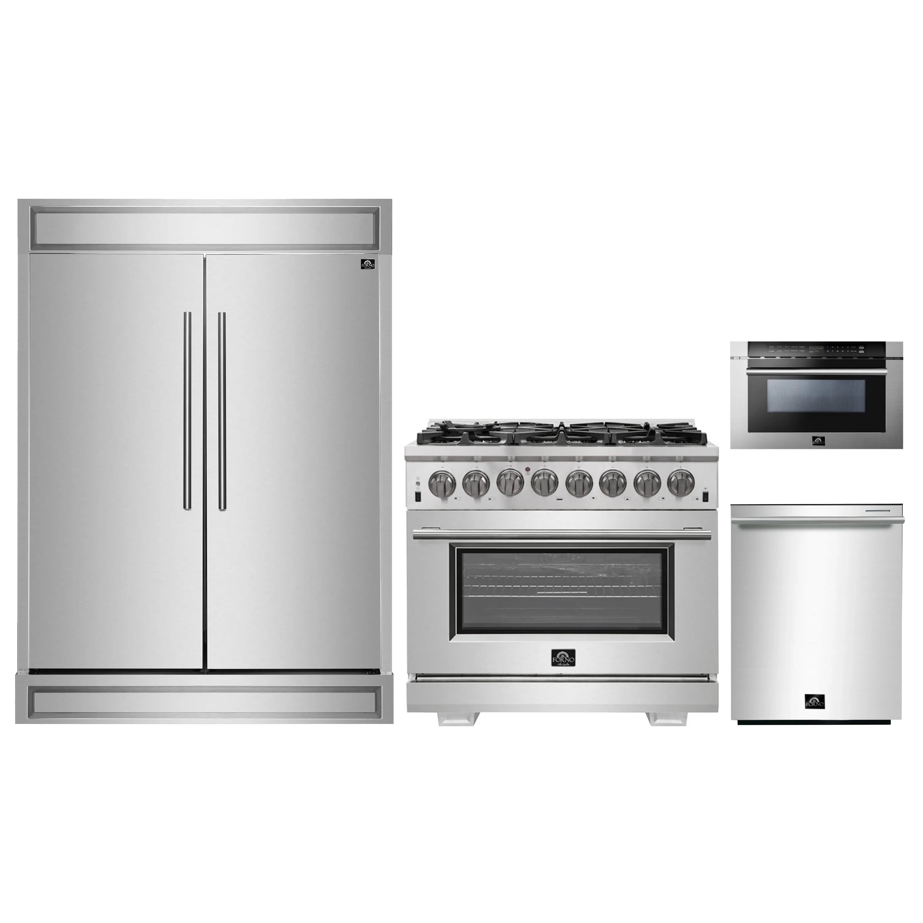 Stainless steel appliance set: refrigerator, dual-fuel range, microwave drawer, dishwasher