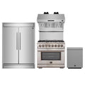 Forno 4-Piece Pro Appliance Package - 36-Inch Dual Fuel Range, Pro-Style Refrigerator, Wall Mount Hood with Backsplash, and Dishwasher in Stainless Steel