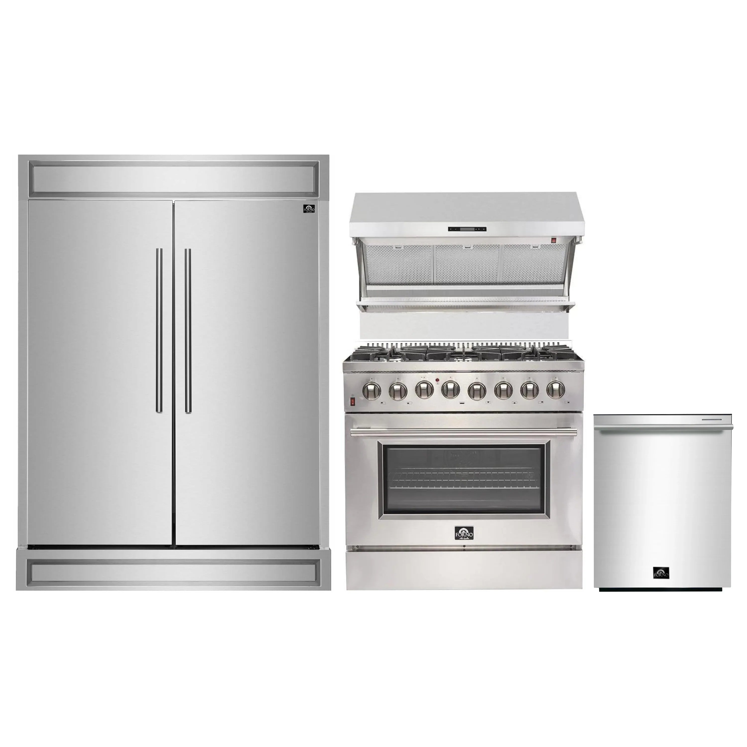 Stainless steel appliance set with refrigerator, range, and dishwasher