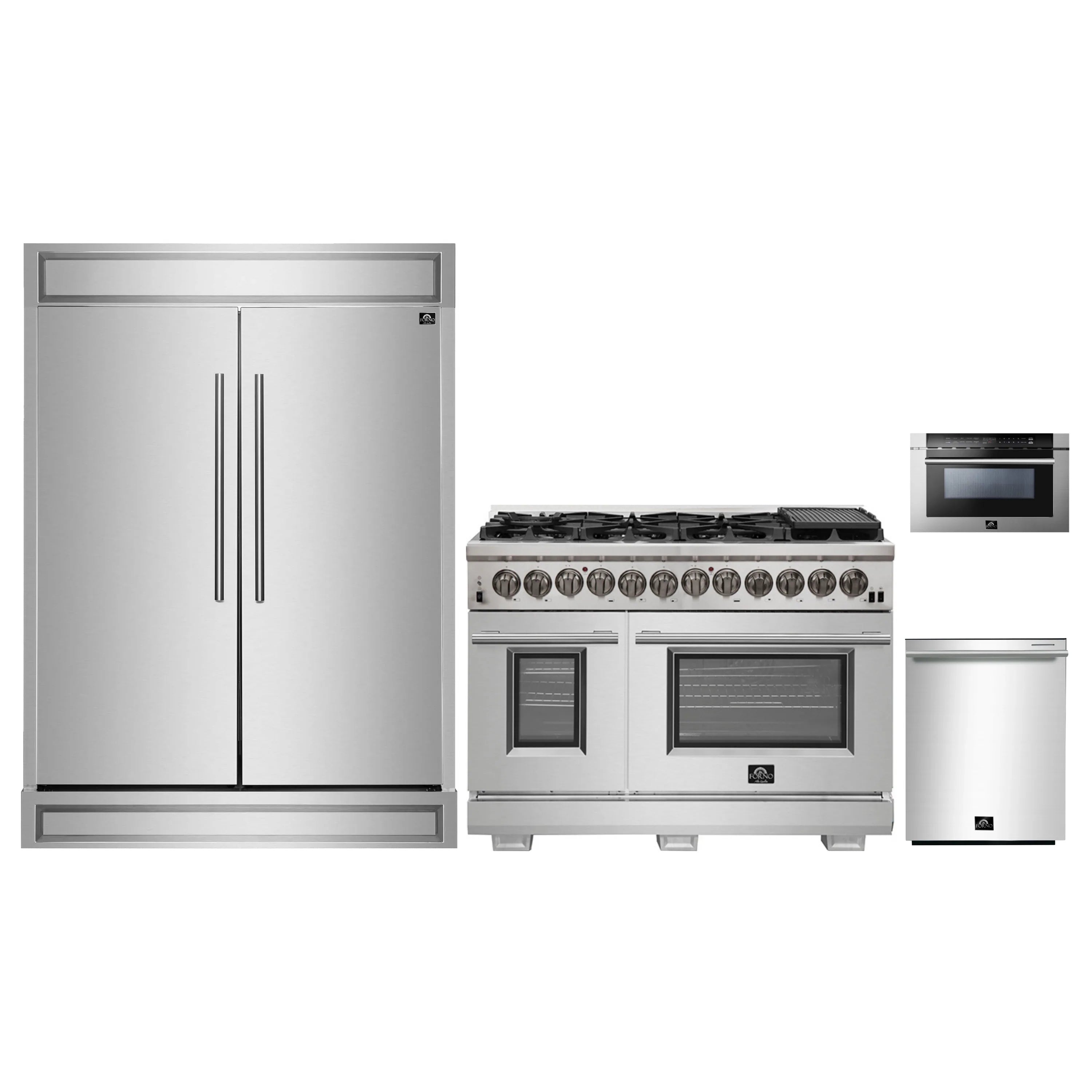 Stainless steel appliance package showing refrigerator, range, microwave, and dishwasher