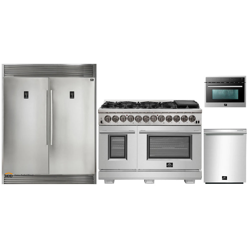 Forno 4-Piece Pro Appliance Package - 48-Inch Dual Fuel Range, 60-Inch Pro-Style Refrigerator, Microwave Oven, & 3-Rack Dishwasher in Stainless Steel