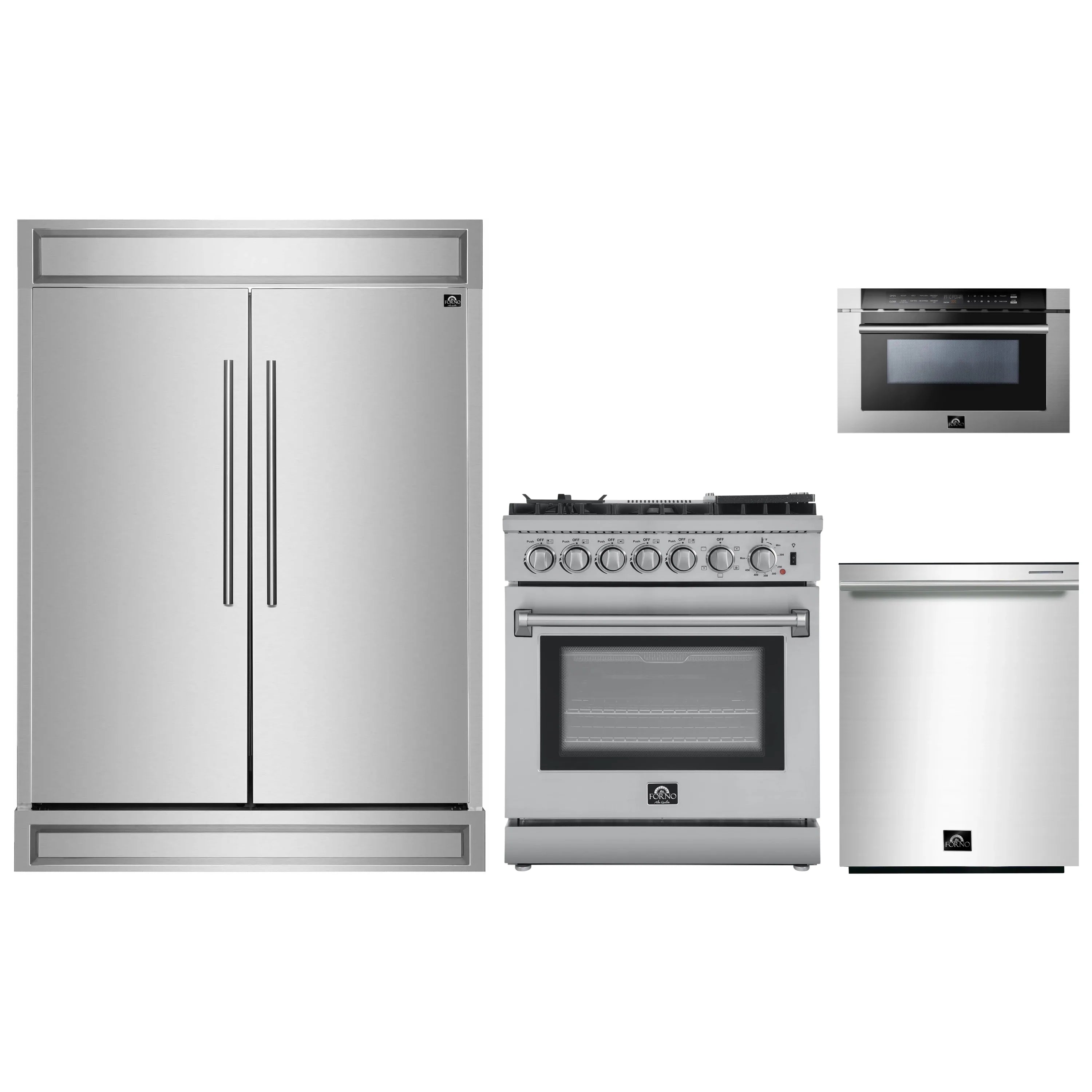 Stainless steel 4-piece appliance set: range, refrigerator, dishwasher, microwave