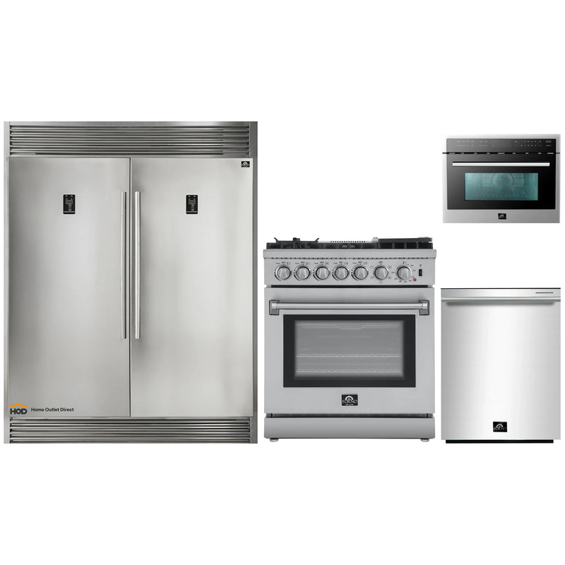 Forno 4-Piece Appliance Package - 30-Inch Dual Fuel Range with Air Fryer, 56-Inch Pro-Style Refrigerator, Microwave Oven, & 3-Rack Dishwasher in Stainless Steel