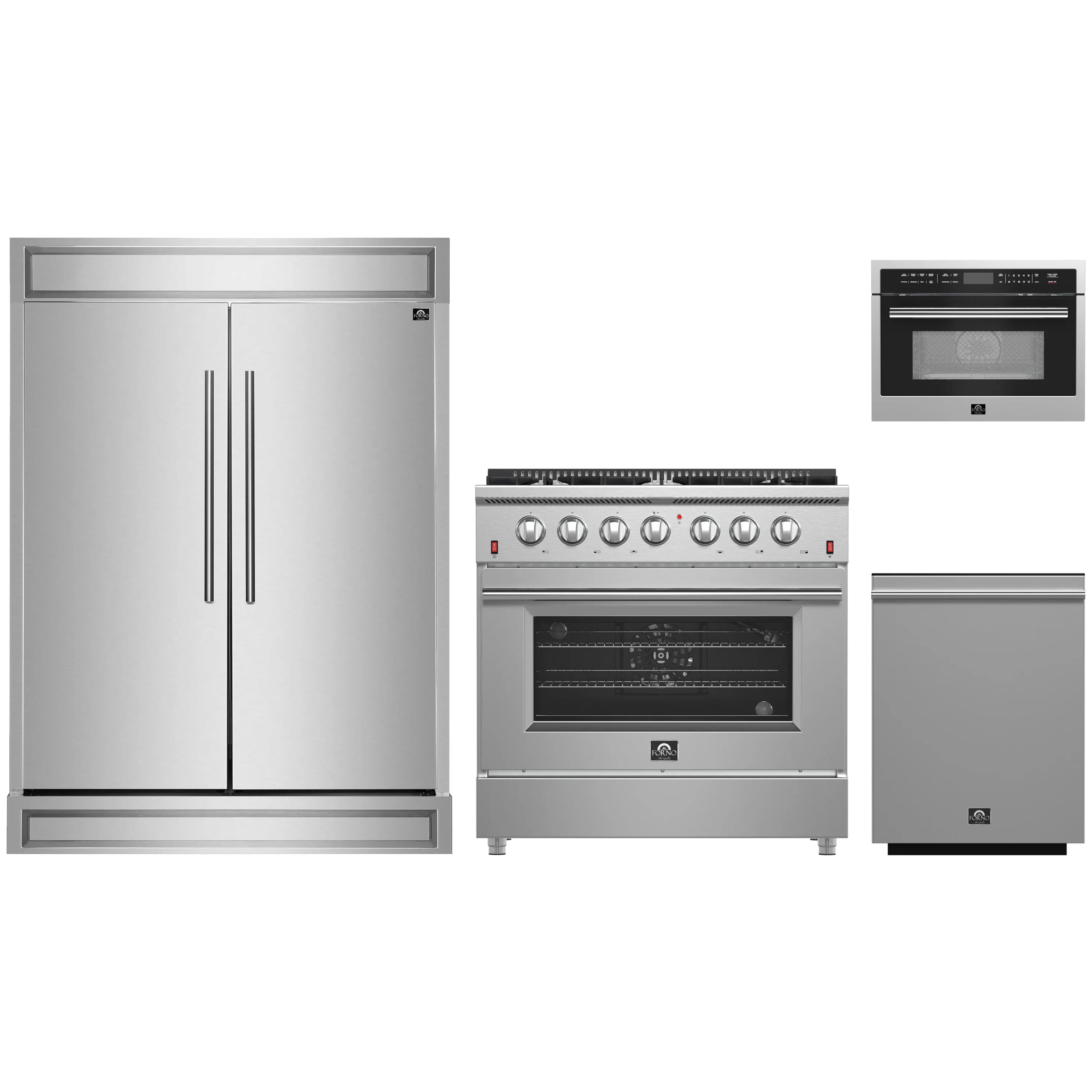 Stainless steel 4-piece appliance set: refrigerator, gas range, microwave, dishwasher