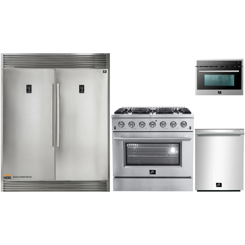 Forno 4-Piece Appliance Package - 36-Inch Gas Range, 60-Inch Pro-Style Refrigerator, Microwave Oven, & 3-Rack Dishwasher in Stainless Steel