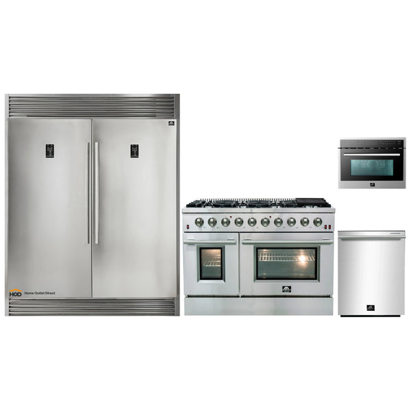 Forno 4-Piece Appliance Package - 48-Inch Gas Range, 56-Inch Pro-Style Refrigerator, Microwave Oven, & 3-Rack Dishwasher in Stainless Steel