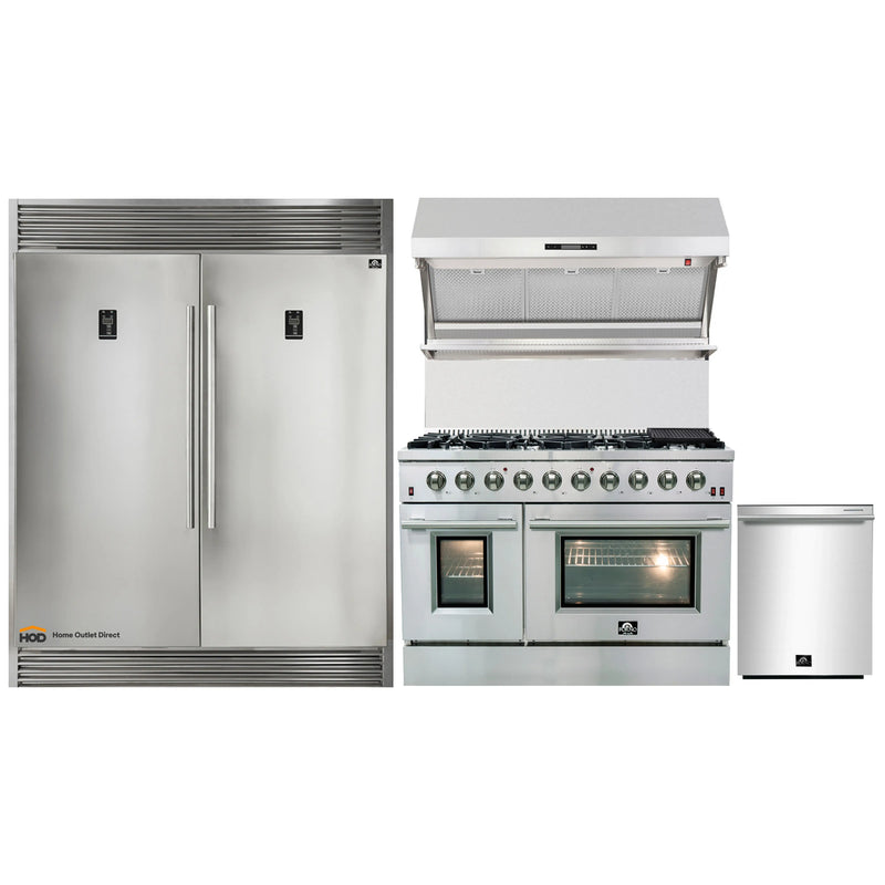 Forno 4-Piece Appliance Package - 48-Inch Gas Range, 60-Inch Pro-Style Refrigerator, Wall Mount Hood with Backsplash, & 3-Rack Dishwasher in Stainless Steel