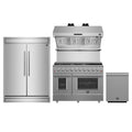 Forno 4-Piece Appliance Package - 48-Inch Galiano Gas Range, 60-Inch Pro-Style Refrigerator, Wall Mount Hood with Backsplash, & 3-Rack Dishwasher in Stainless Steel