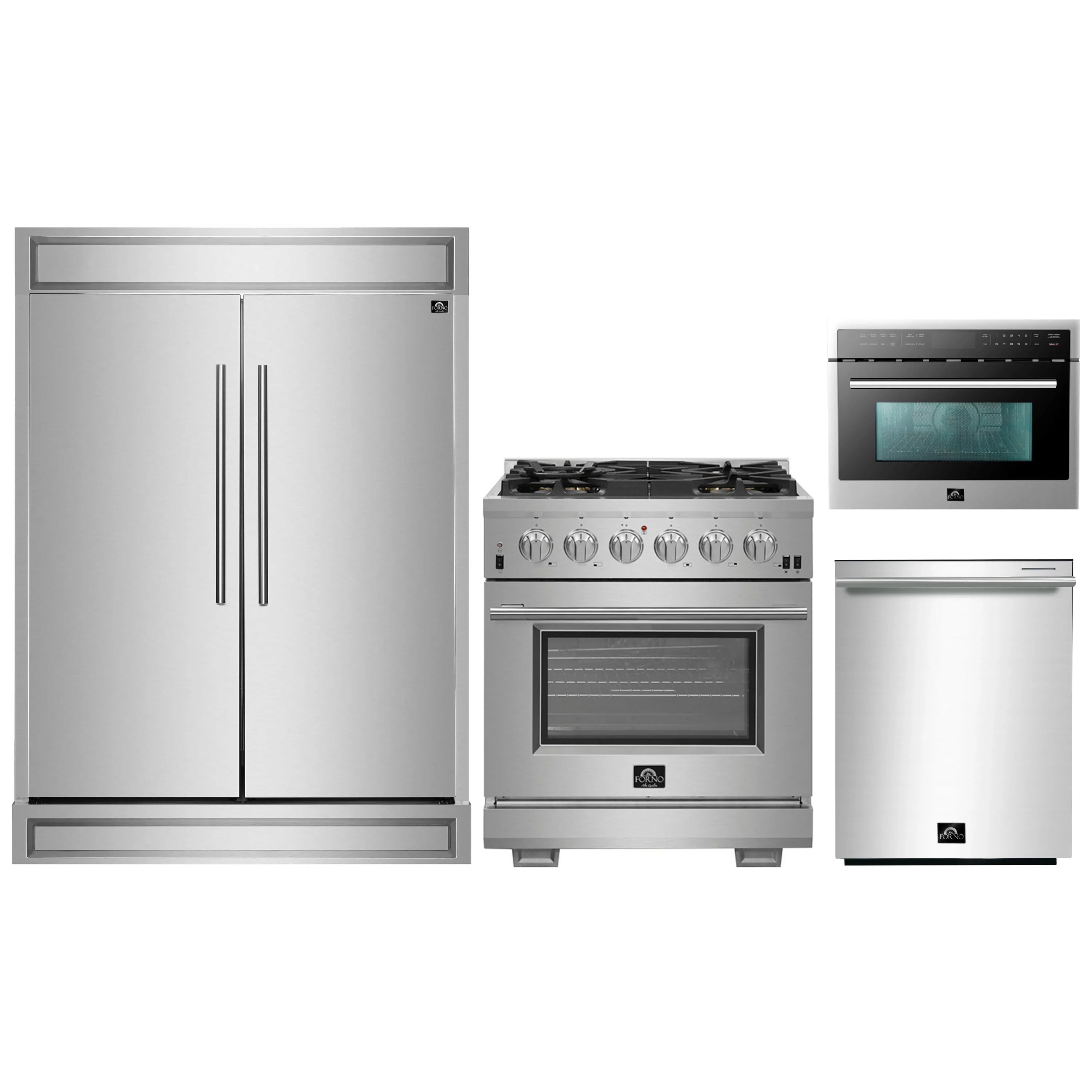Stainless steel appliance package with gas range, refrigerator, microwave, and dishwasher