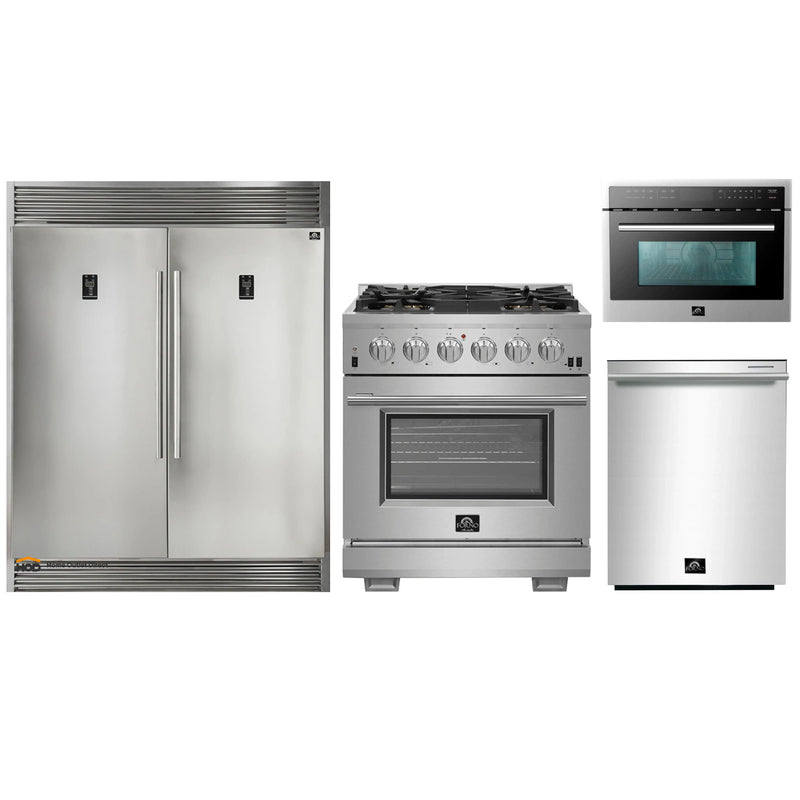 Forno 4-Piece Pro Appliance Package - 30-Inch Gas Range, 60-Inch Pro-Style Refrigerator, Microwave Oven, & 3-Rack Dishwasher in Stainless Steel