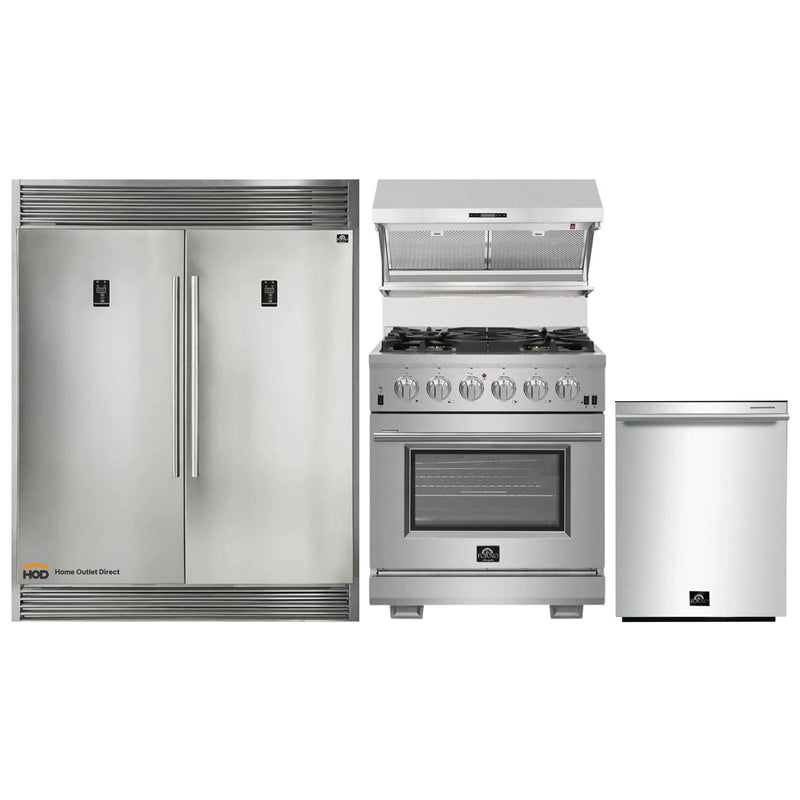 Forno 4-Piece Pro Appliance Package - 30-Inch Gas Range, 56-Inch Pro-Style Refrigerator, Wall Mount Hood with Backsplash, and Dishwasher in Stainless Steel