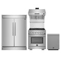 Forno 4-Piece Pro Appliance Package - 30-Inch Gas Range, 60-Inch Pro-Style Refrigerator, Wall Mount Hood with Backsplash, and Dishwasher in Stainless Steel