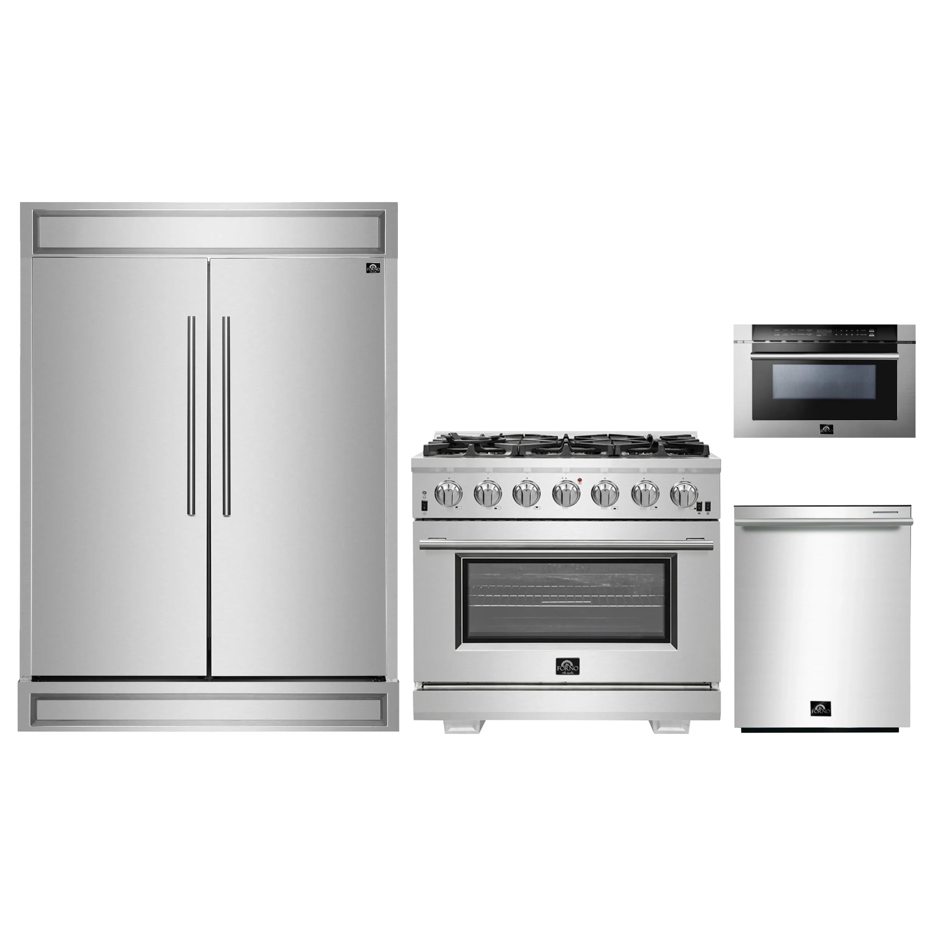 Stainless steel appliance package: refrigerator, gas range, microwave drawer, dishwasher
