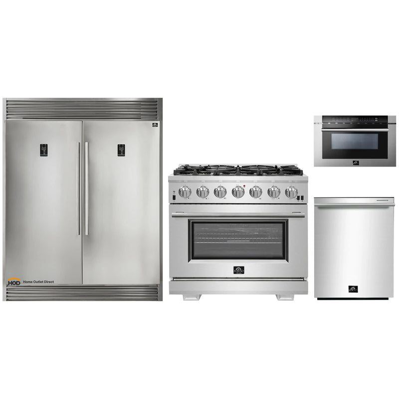 Forno 4-Piece Pro Appliance Package - 36-Inch Gas Range, 60-Inch Pro-Style Refrigerator, Microwave Drawer, & 3-Rack Dishwasher in Stainless Steel