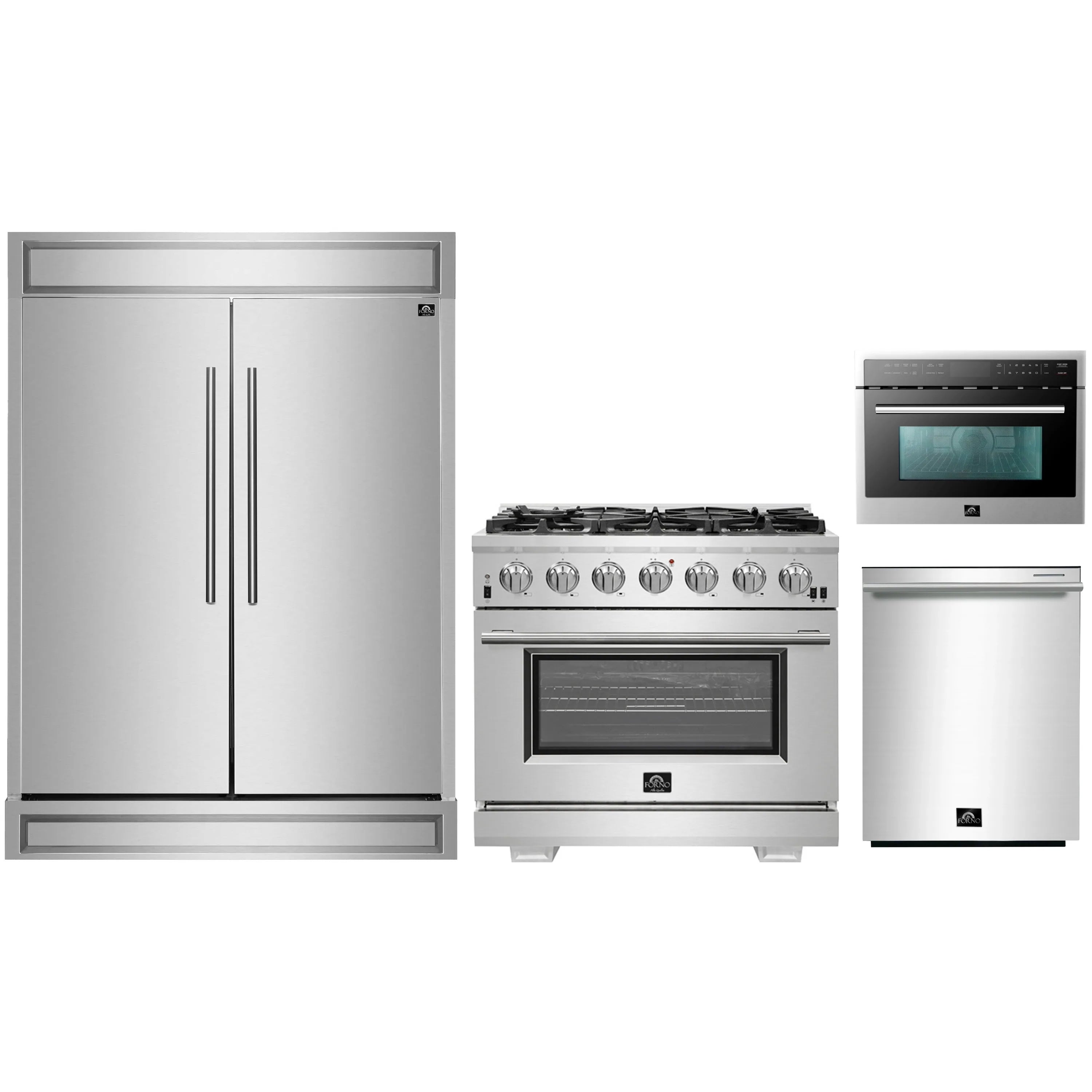 Kitchen appliance bundle with refrigerator, gas range, and built-in microwave