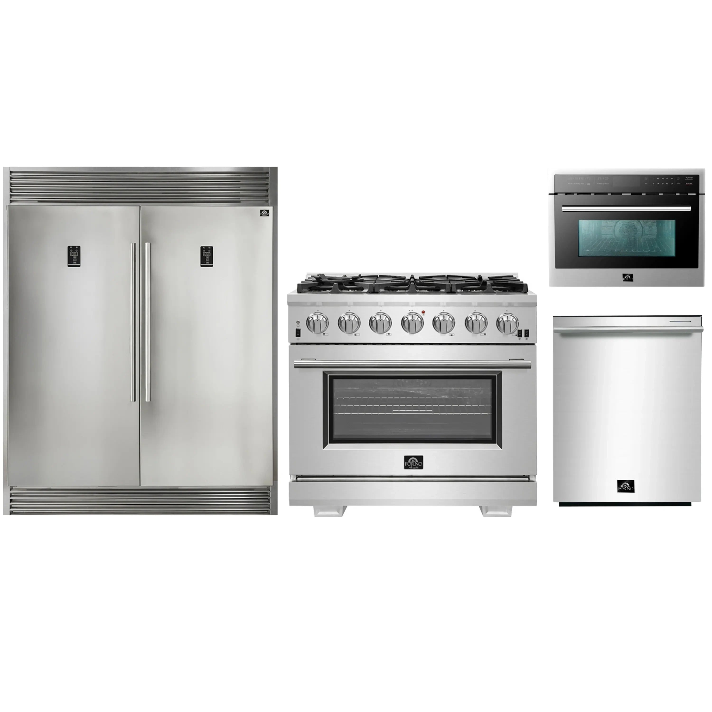 Stainless steel refrigerator, gas range, and countertop microwave with dishwasher in a set view.