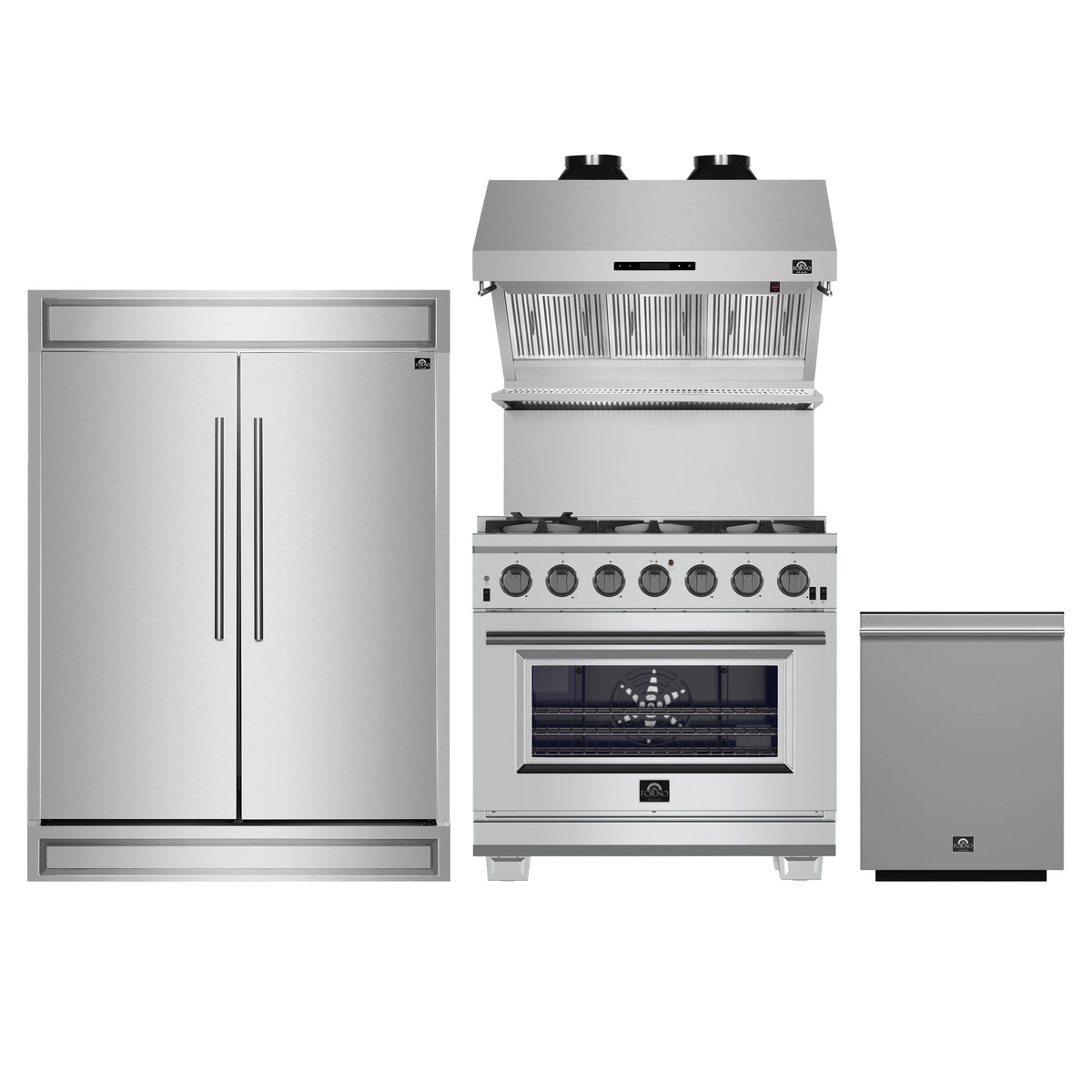 Forno 4-Piece Pro Appliance Package - 36-Inch Gas Range, Wall Mount Hood with Backsplash, 60-Inch Pro-Style Refrigerator, and Dishwasher in Stainless Steel