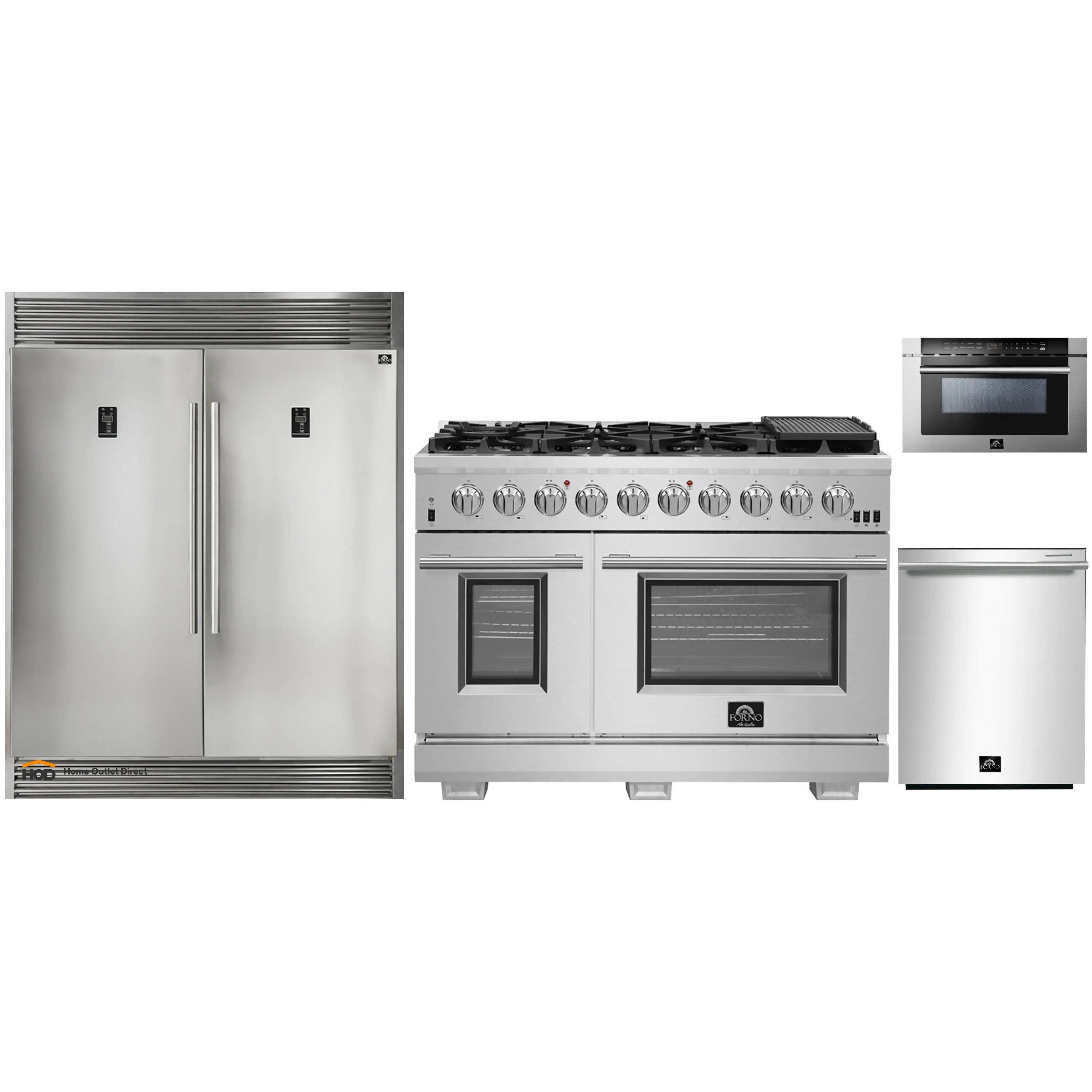 Forno 4-Piece Pro Appliance Package - 48-Inch Gas Range, 56-Inch Pro-Style Refrigerator, Microwave Drawer, & 3-Rack Dishwasher in Stainless Steel