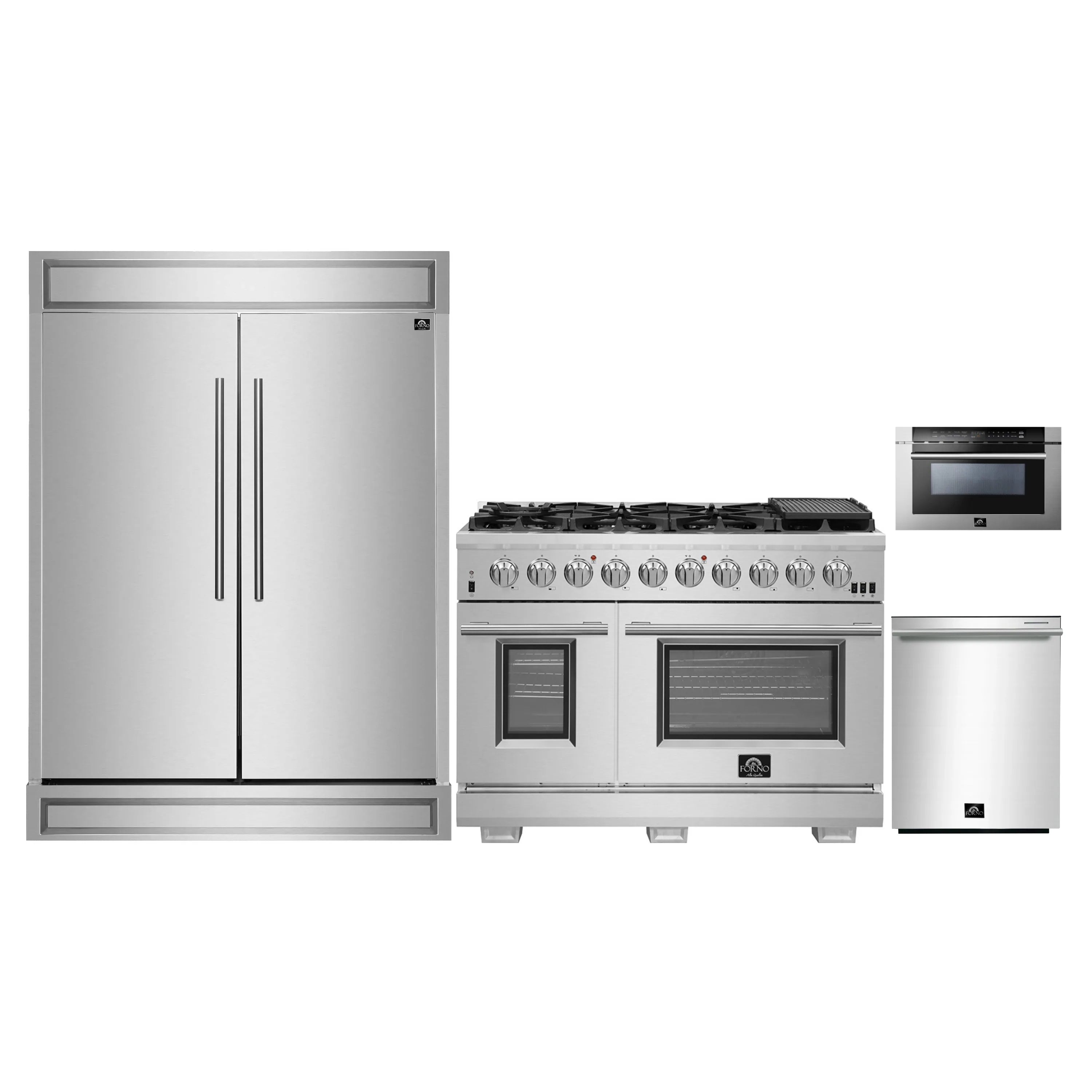 Stainless steel refrigerator with French doors beside gas range and microwave drawers