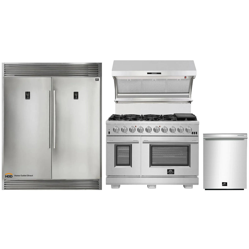 Forno 4-Piece Pro Appliance Package - 48-Inch Gas Range, Premium Hood, 56-Inch Pro-Style Refrigerator, and Dishwasher in Stainless Steel