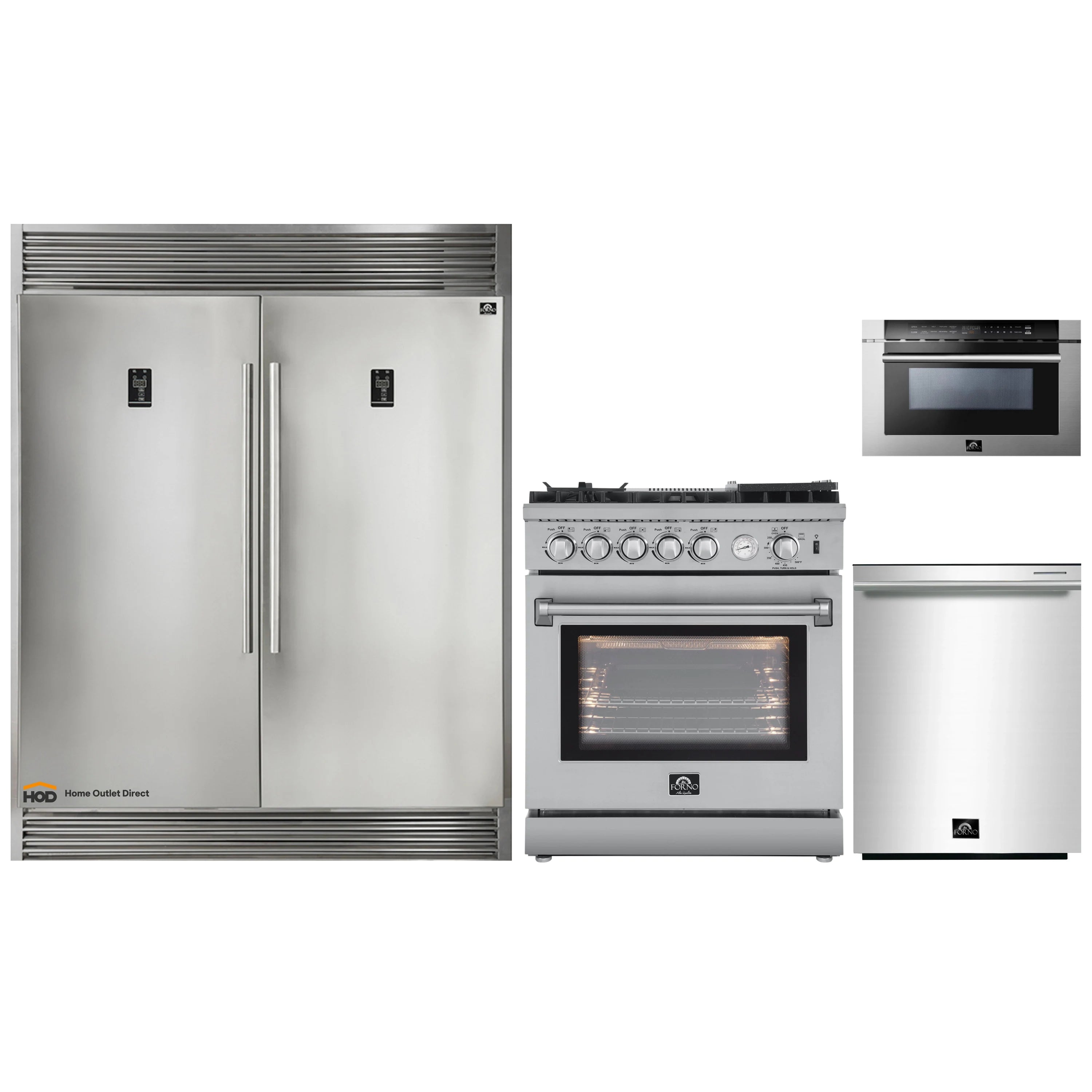 Forno 4-Piece Appliance Package - 30-Inch Gas Range with Air Fryer, 56-Inch Pro-Style Refrigerator, Microwave Drawer, & 3-Rack Dishwasher in Stainless Steel