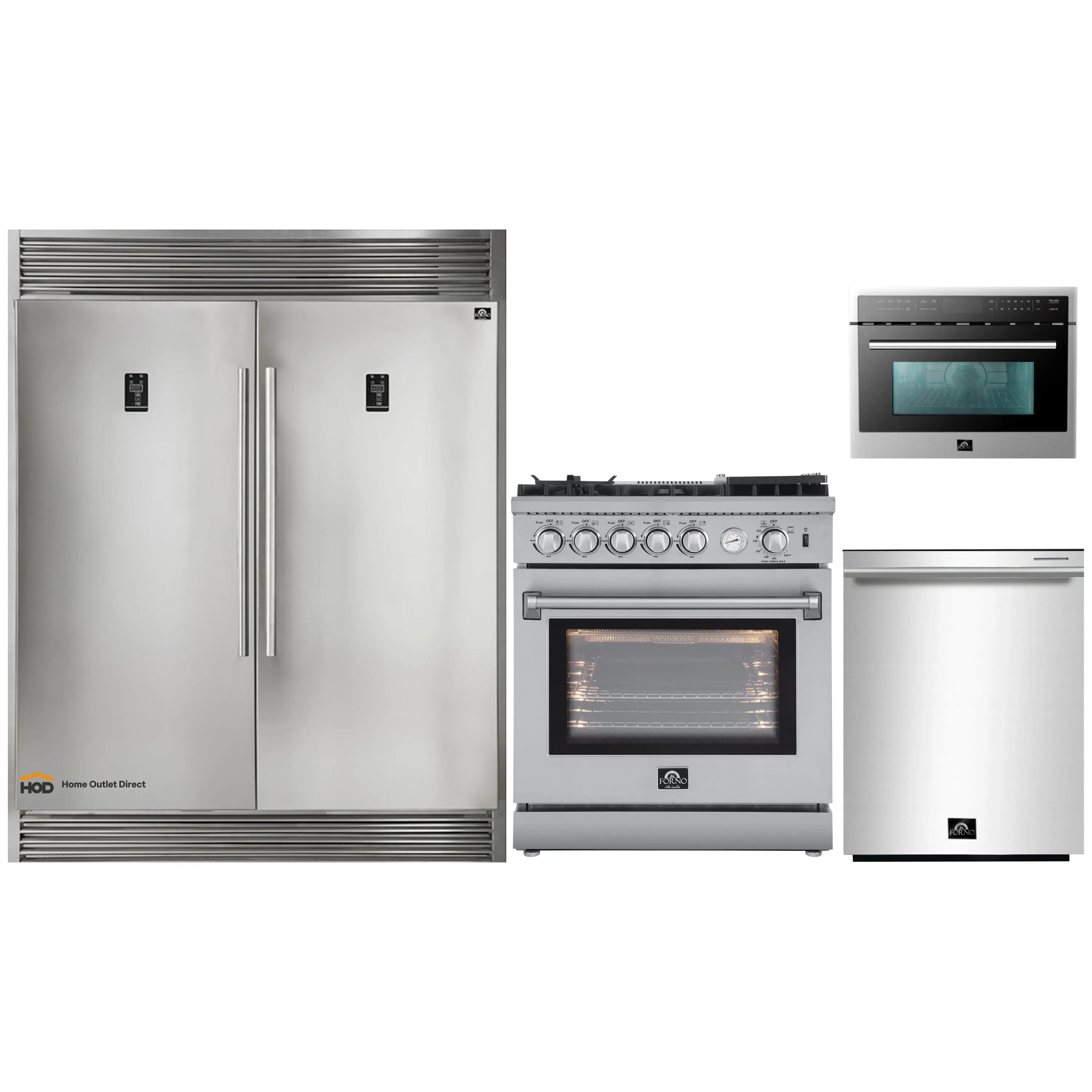 Forno 4-Piece Appliance Package - 30-Inch Gas Range with Air Fryer, 56-Inch Pro-Style Refrigerator, Microwave Oven, & 3-Rack Dishwasher in Stainless Steel
