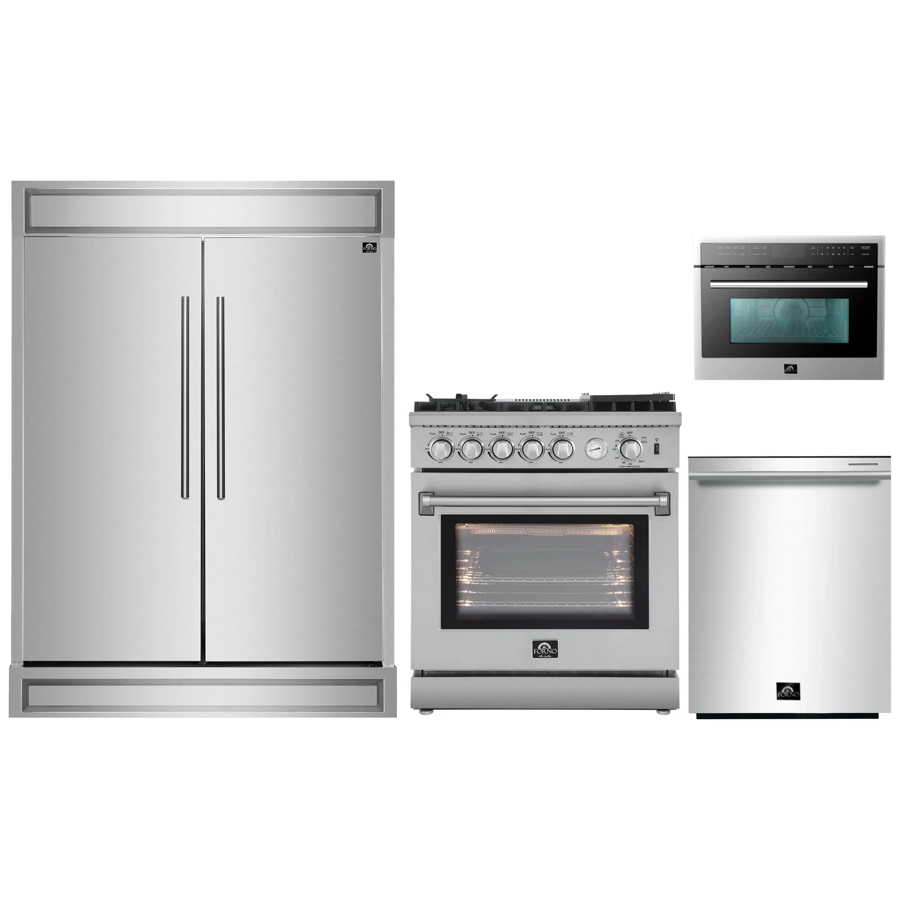 Stainless kitchen appliance set with refrigerator, range, oven, and microwave