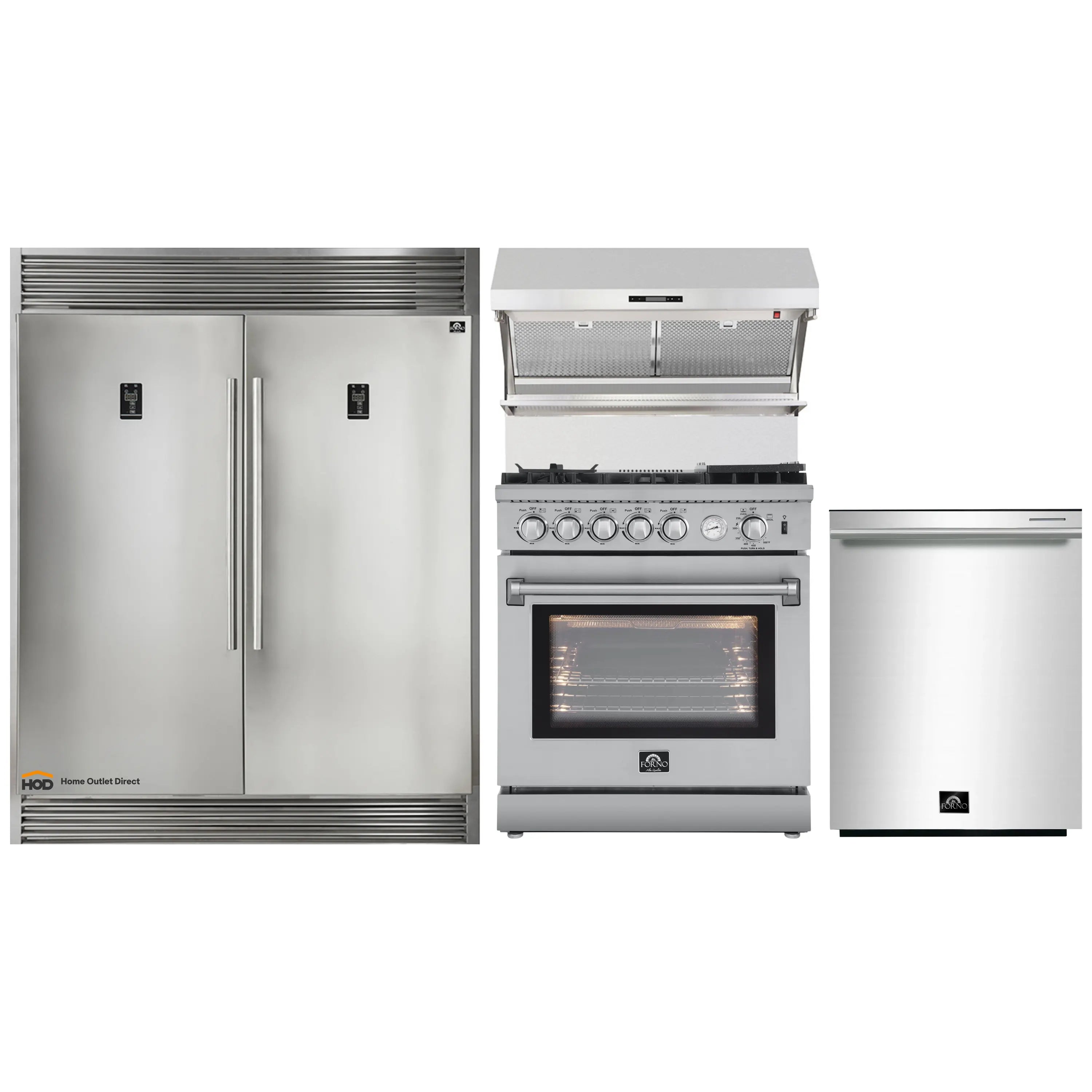 Forno 4-Piece Appliance Package - 30-Inch Gas Range with Air Fyer, 56-Inch Pro-Style Refrigerator, Wall Mount Hood with Backsplash, & 3-Rack Dishwasher in Stainless Steel